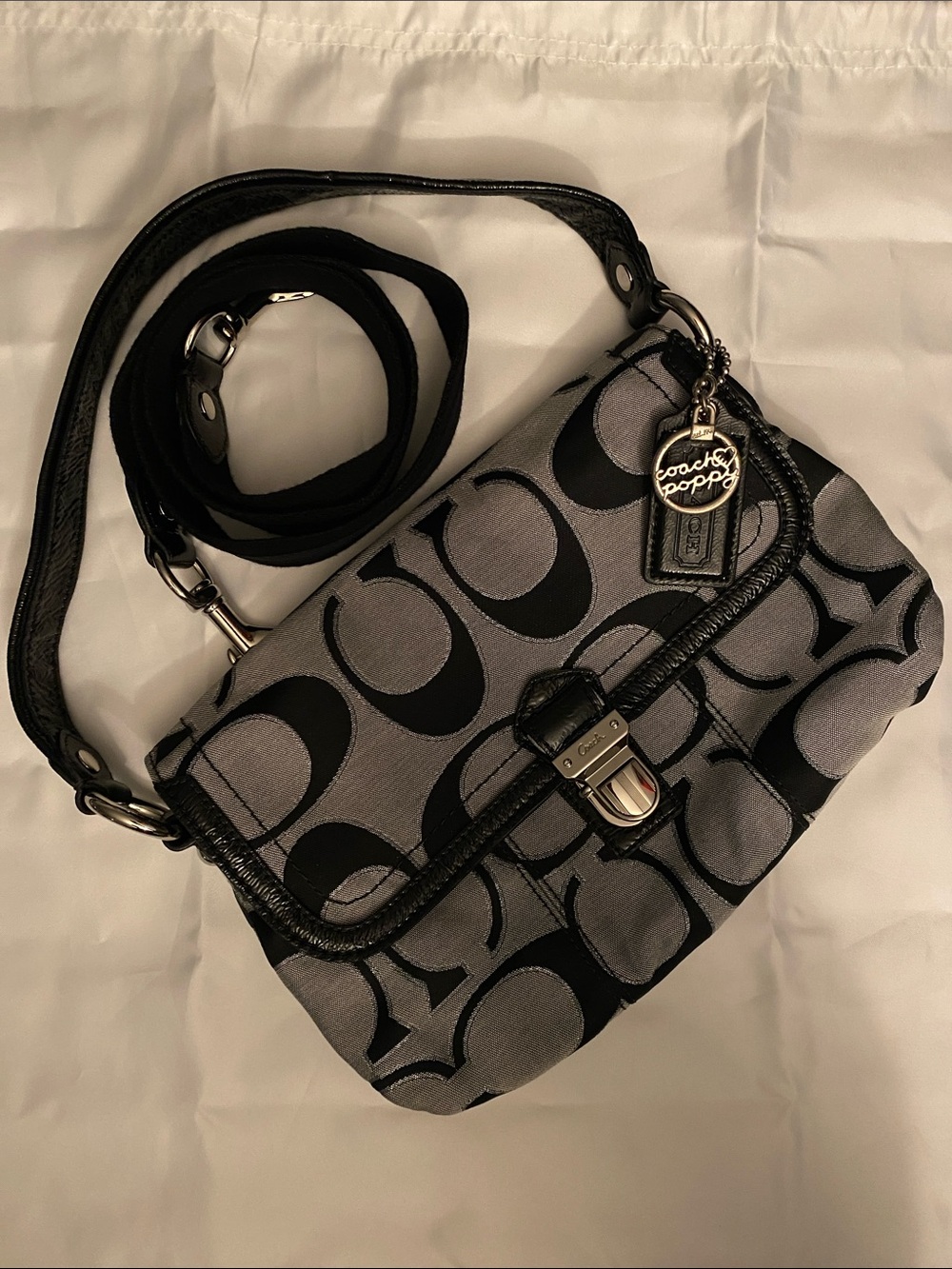 Coach Poppy Gray and Black Signature C Shoulder Bag